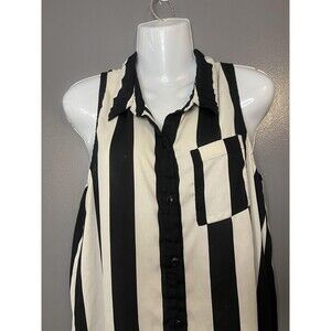 Forever 21 Shirt Womens Large Black White Stripe Sleeveless Button Tunic Top